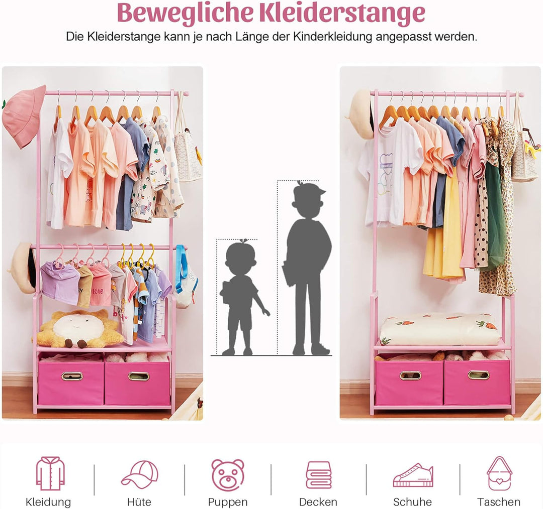 Yorbay Kinder Bambus Kleiderständer mit 2 Aufbewahrungskörben und 2 Verstellbaren Hängestangen, Kind