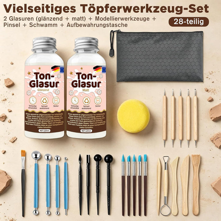 120 ml Lufttrocknend Ton Glasur Air Dry Clay Glaze, 27pcs Modellierwerkzeug, schützt Keramik vor Ver