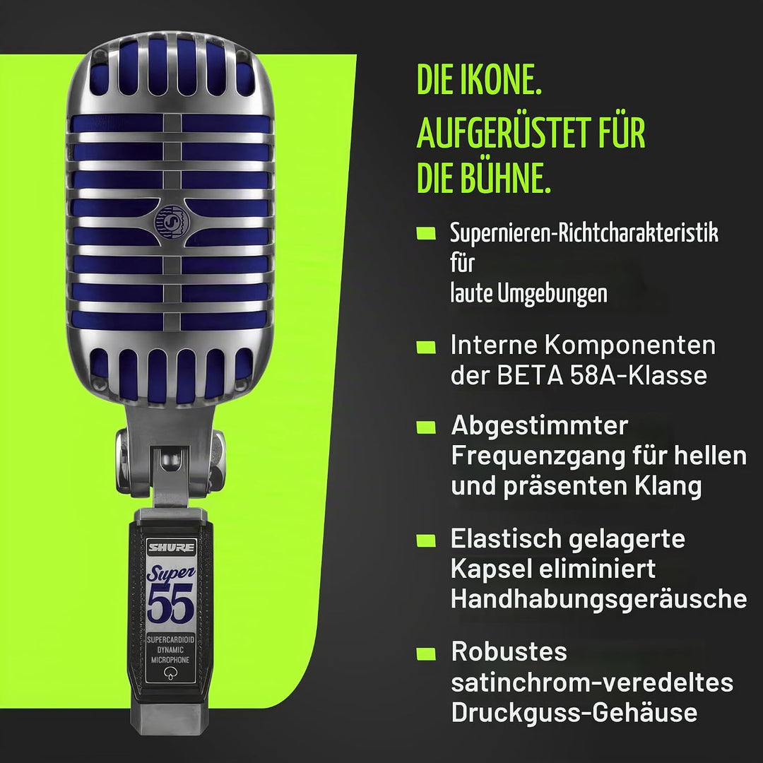Shure Super 55 Deluxe Vocal Microfon - Vintage Supercardioid Dynamic Unidyne Mic, legendärer Look, k