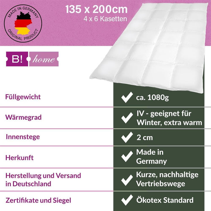 B!HOME Winterdecke extra warm 100% Daunen 135x200cm (1080g) Kassettenstegbett Bezug 100% Baumwolle D