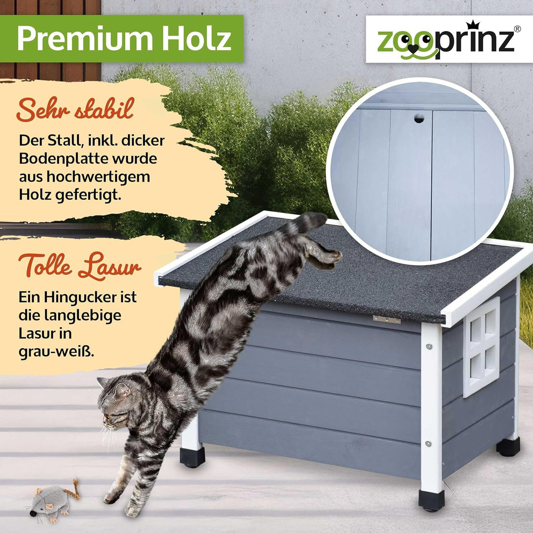 zooprinz Premium Holz Katzenhaus – Katzenkiste mit Dach zum Öffnen, Fenster und Schwingtür – Sisalba