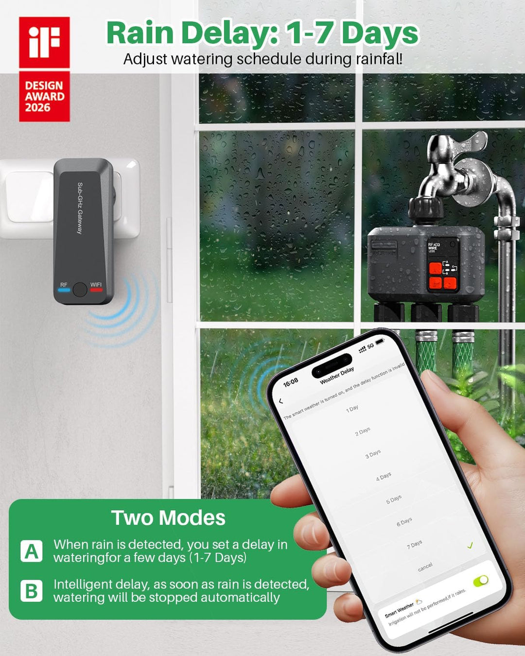 Bewässerungscomputer WLAN 3 Ausgänge mit 300M RF-Technologie, Bewässerungsuhr für Gartenbewässerung