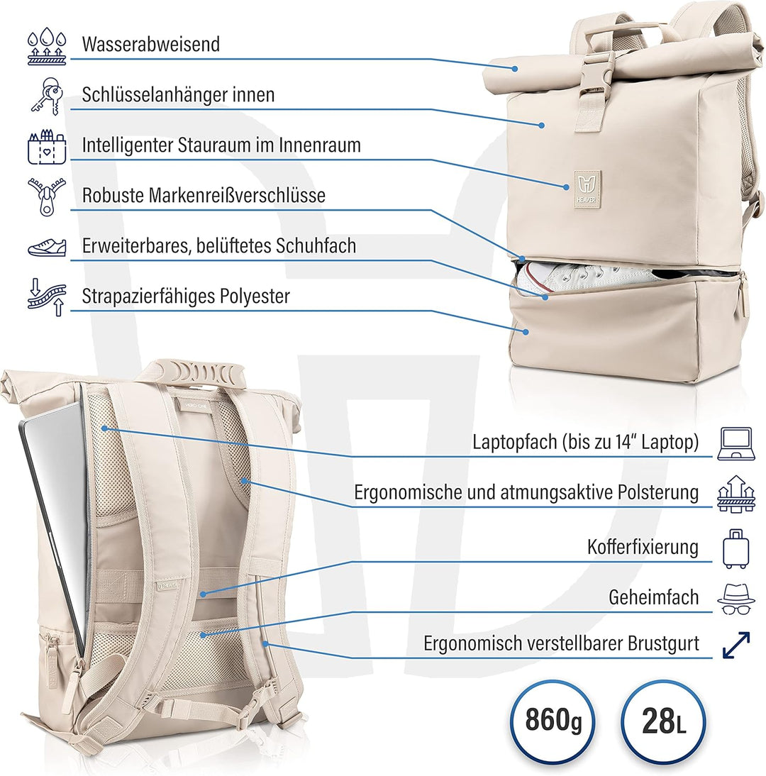 HEAVER® Rolltop Rucksack Damen & Herren, Rucksack mit Laptopfach, Uni Rucksack Damen, Rollrucksack D