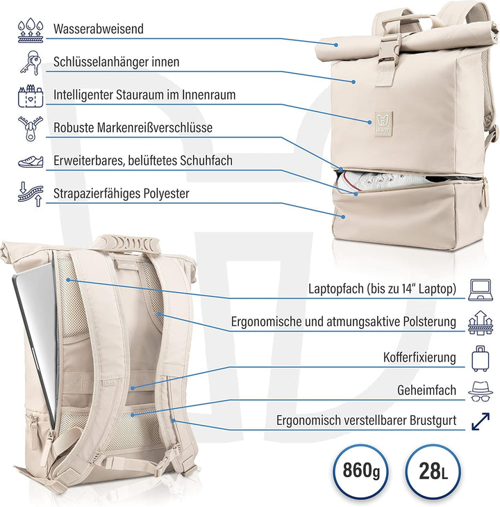 HEAVER® Rolltop Rucksack Damen & Herren, Rucksack mit Laptopfach, Uni Rucksack Damen, Rollrucksack D
