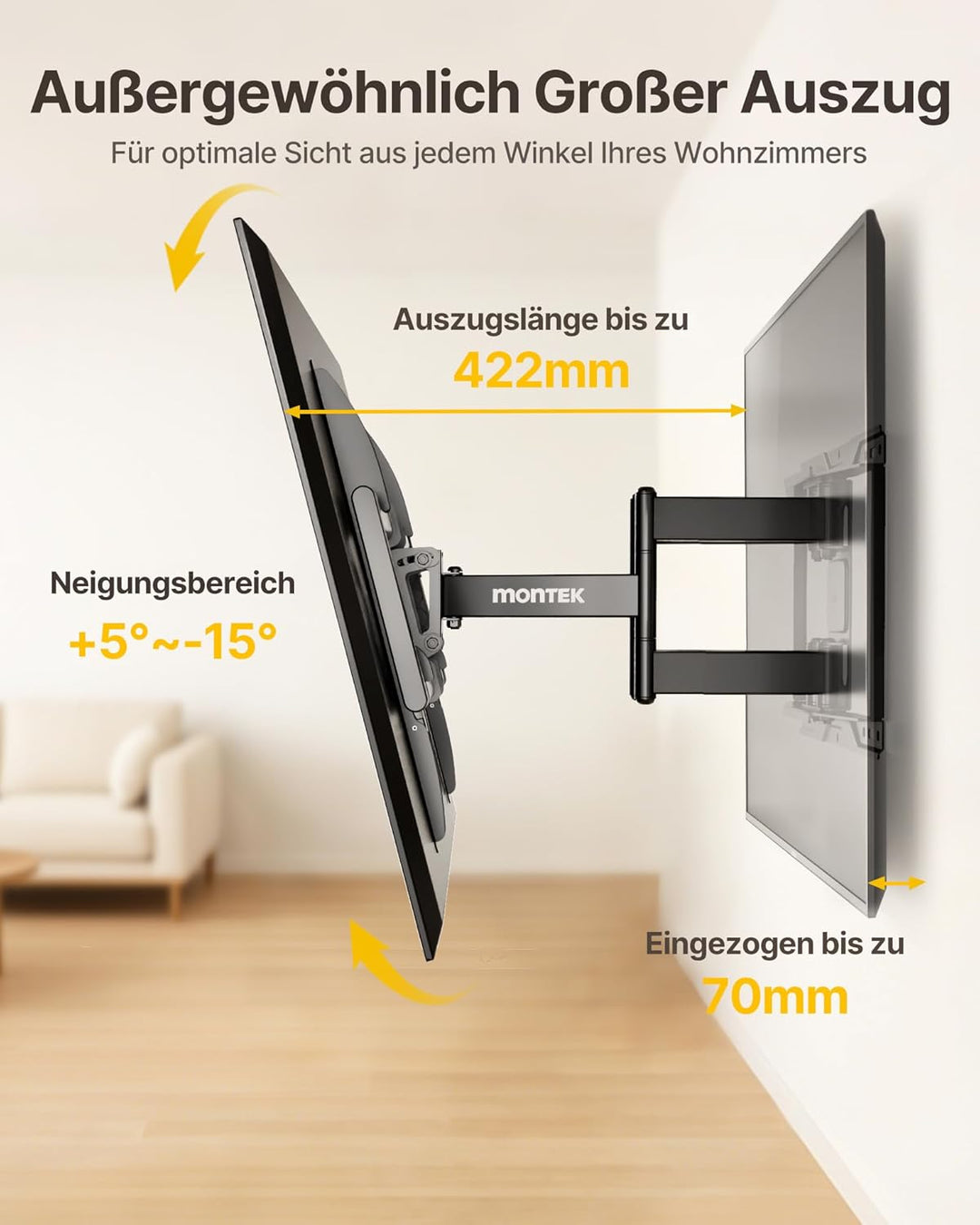 monTEK Vollbewegliche TV Wandhalterung für 37–90 Zoll Fernseher bis 75 kg, Wandhalterung Fernseher m