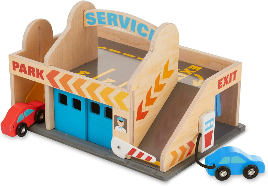 Melissa & Doug Service Station Parking Garage , Wooden Vehicle , Pretend Play , 3+ , Gift for Boy or