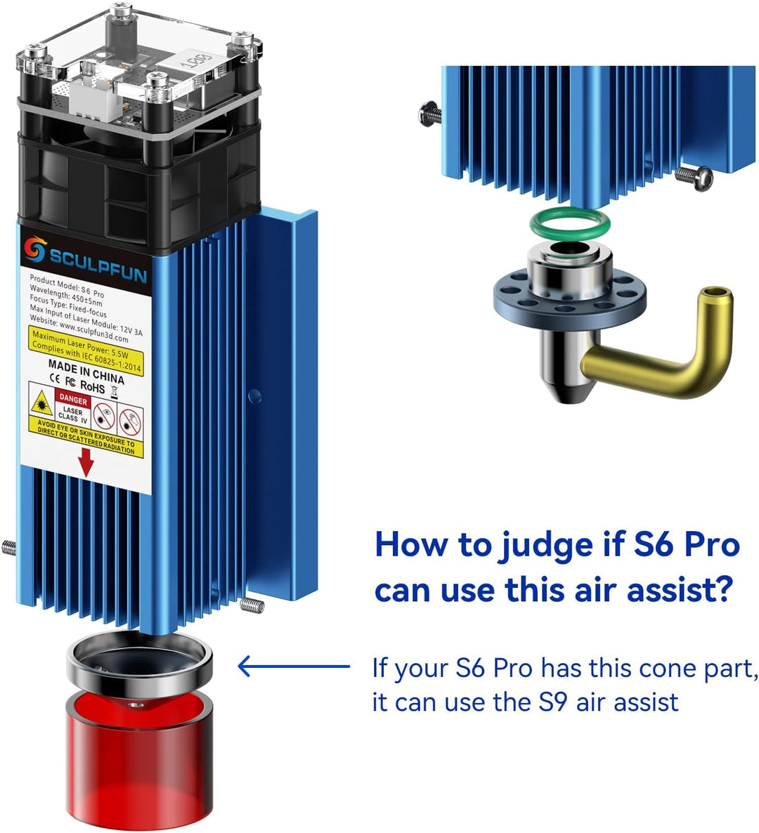 SCULPFUN S9 Luftunterstützungs-Düsenkit für Lasermaschine, Hochgeschwindigkeits S9 Air Assist Nozzle
