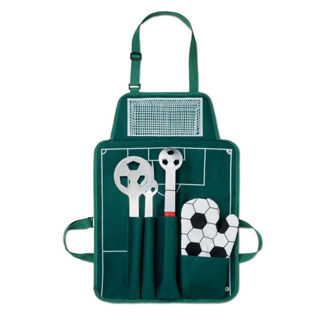 Grillset mit Grillbesteck Grillgabel Grillzange Grillwender und Grillhandschuh im Fussball Look noTr