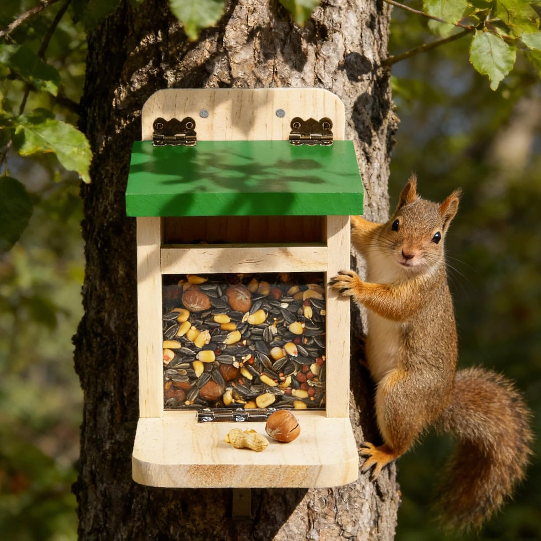 MIXXIDEA Eichhörnchen-Futterspender für den Aussenbereich, Holz, Eichhörnchen-Futterstation mit grün