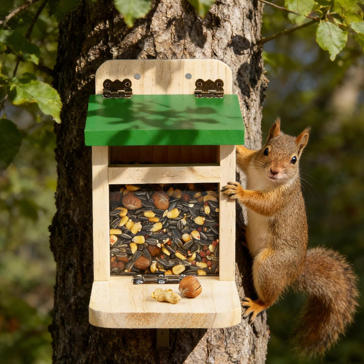 MIXXIDEA Eichhörnchen-Futterspender für den Aussenbereich, Holz, Eichhörnchen-Futterstation mit grün