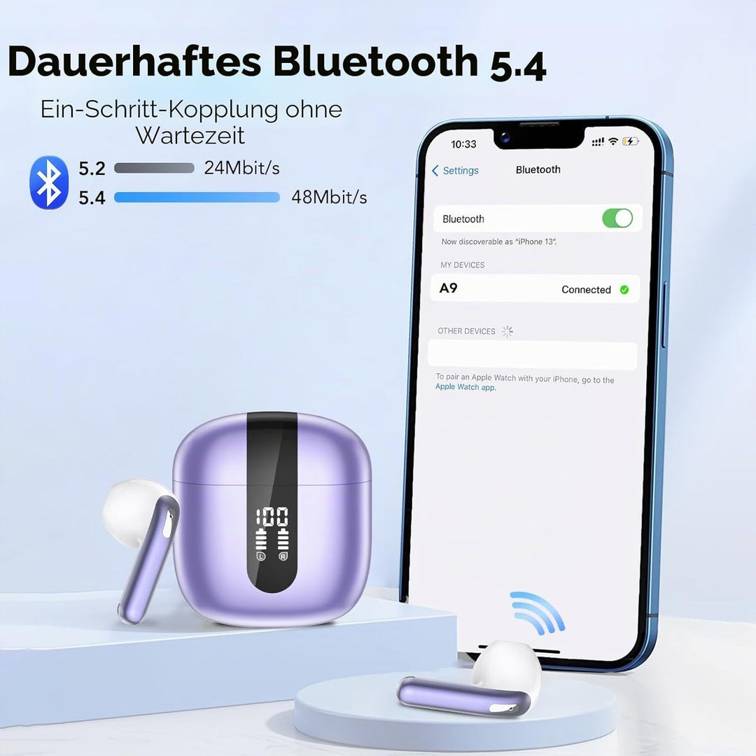 Bluetooth Kopfhörer, In Ear Kopfhörer Kabellos Bluetooth 5.4 Kabellose Kopfhörer mit 4 Mic, 2025 Kab