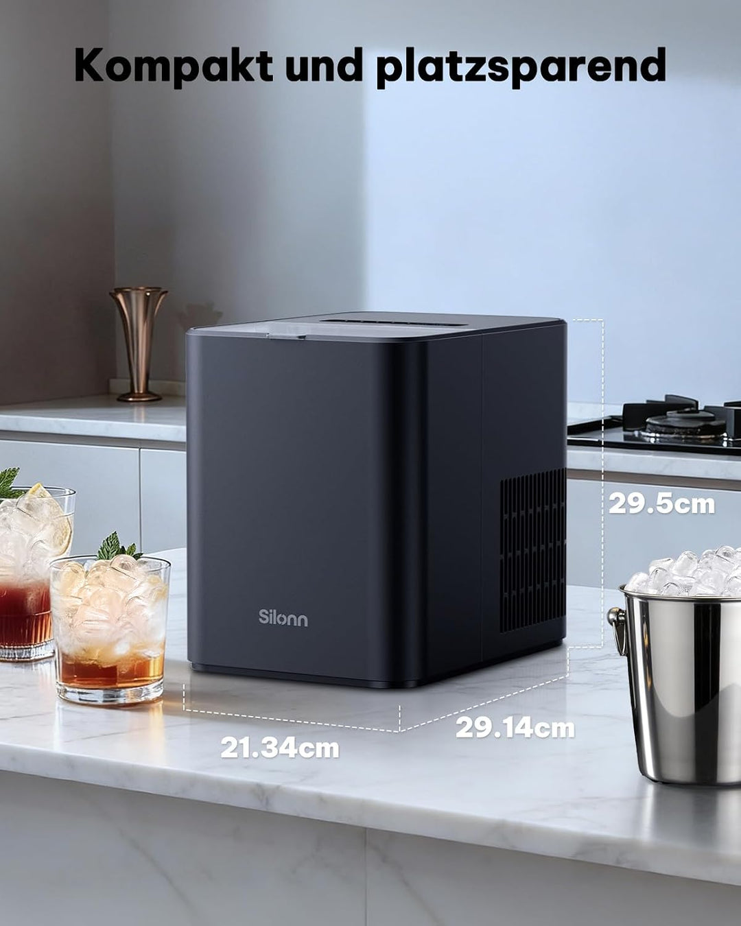 Silonn Eiswürfelmaschine Klein, 8 Eiswürfel in 6 Min, 12 kg/24H, 2 Bullet-Eisgrössen, Tragbare Selbs