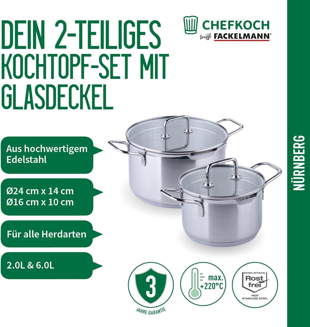 Chefkoch trifft Fackelmann Kochtopf-Set mit Glasdeckel Ø16 & 24cm – Aus Premium Edelstahl mit Alumin