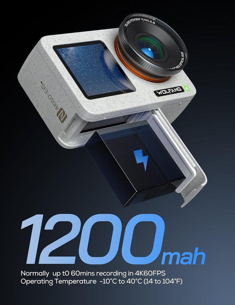 WOLFANG Seeker One White - wasserdichte Action-Kamera mit 4K60 Ultra HD-Video, Dual-Screen-Farbdispl
