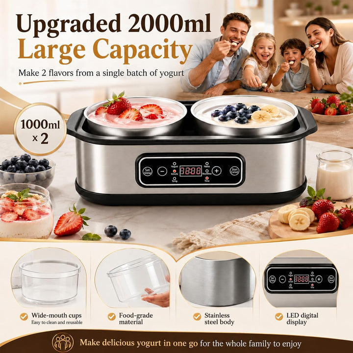 Joghurtbereiter, Griechischer Joghurtbereiter 2L mit 2 Edelstahlbechern,One-Touch-Display Joghurtber