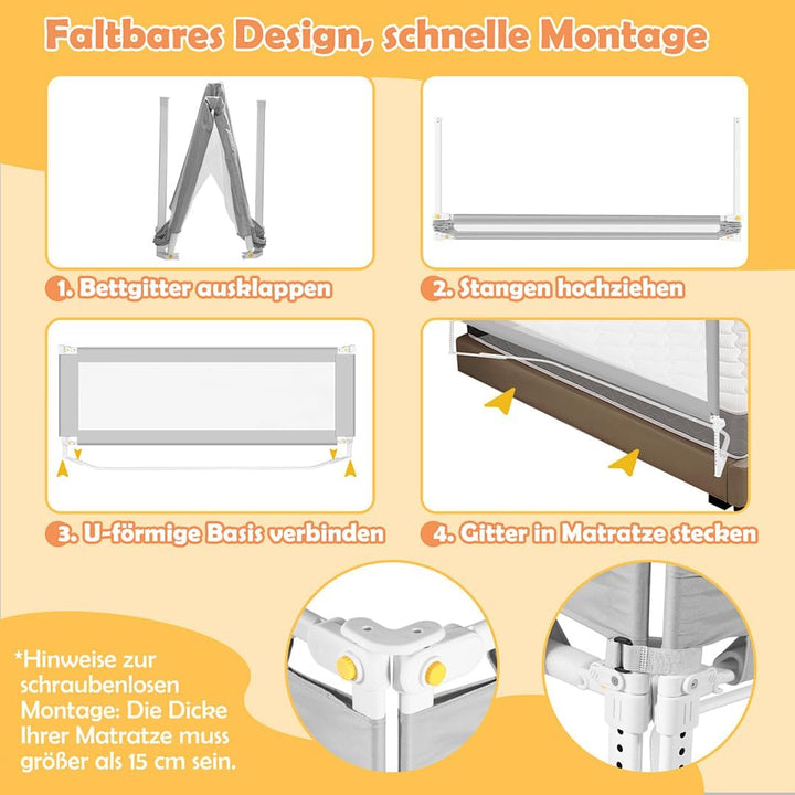 Bettgitter für Kinder, Bettschutzgitter, höhenverstellbar (68 – 95 cm), Bettgitter Gegen Stürze, Sta
