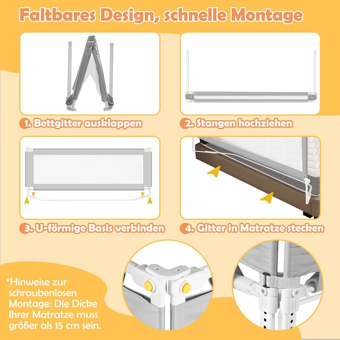 Bettgitter für Kinder, Bettschutzgitter, höhenverstellbar (68 – 95 cm), Bettgitter Gegen Stürze, Sta