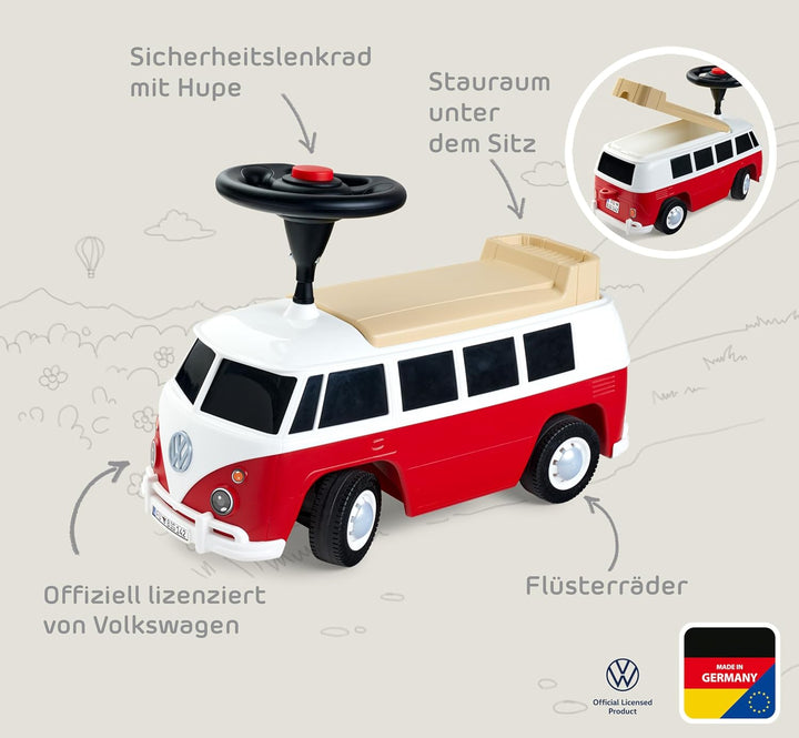 BIG – Bobby Car Baby VW T1 (rot-weiss) - Kinderfahrzeug mit Flüsterreifen, Hupe & Anhängerkupplung -