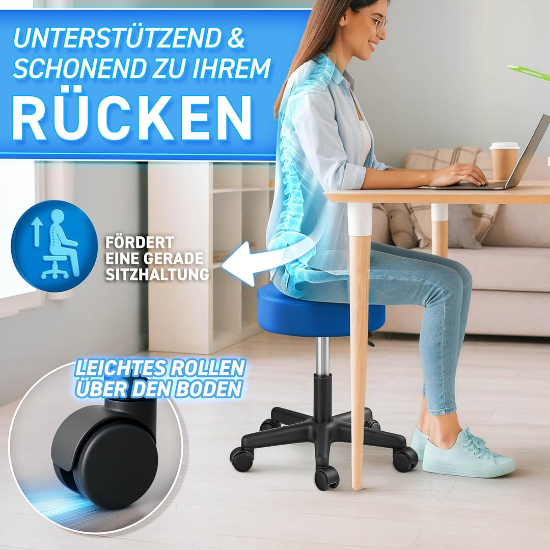 TRESKO® Rollhocker mit Lehne höhenverstellbar 10cm Dicke Polsterung Drehbar | Hocker 46-58cm | Arbei