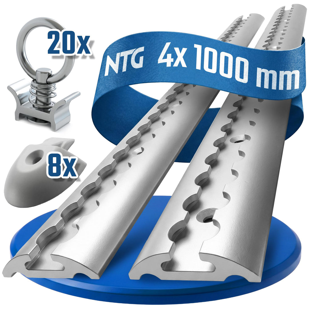 4 x 1 m Alu Airlineschiene runde halbrunde Form, mit Bohrungen 1m 1000mm -Starterset- mit 20x einfac