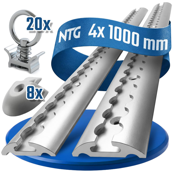 4 x 1 m Alu Airlineschiene runde halbrunde Form, mit Bohrungen 1m 1000mm -Starterset- mit 20x einfac