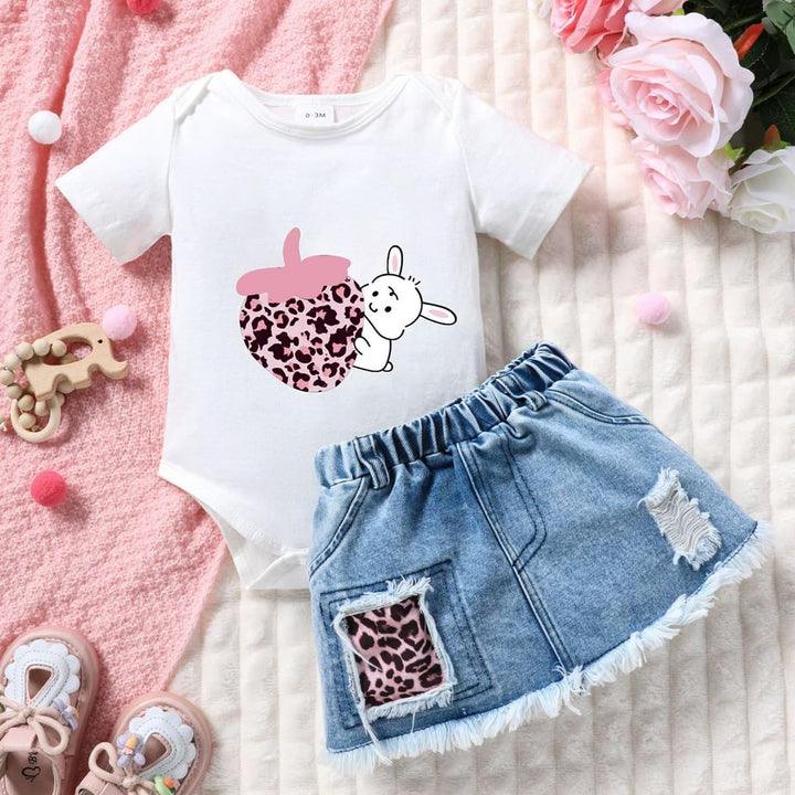 Vestiti Set per Neonata Manica Corta/Lunga Stampa a Lettere Tutina a Coste +Gonna in Denim Abbigliam