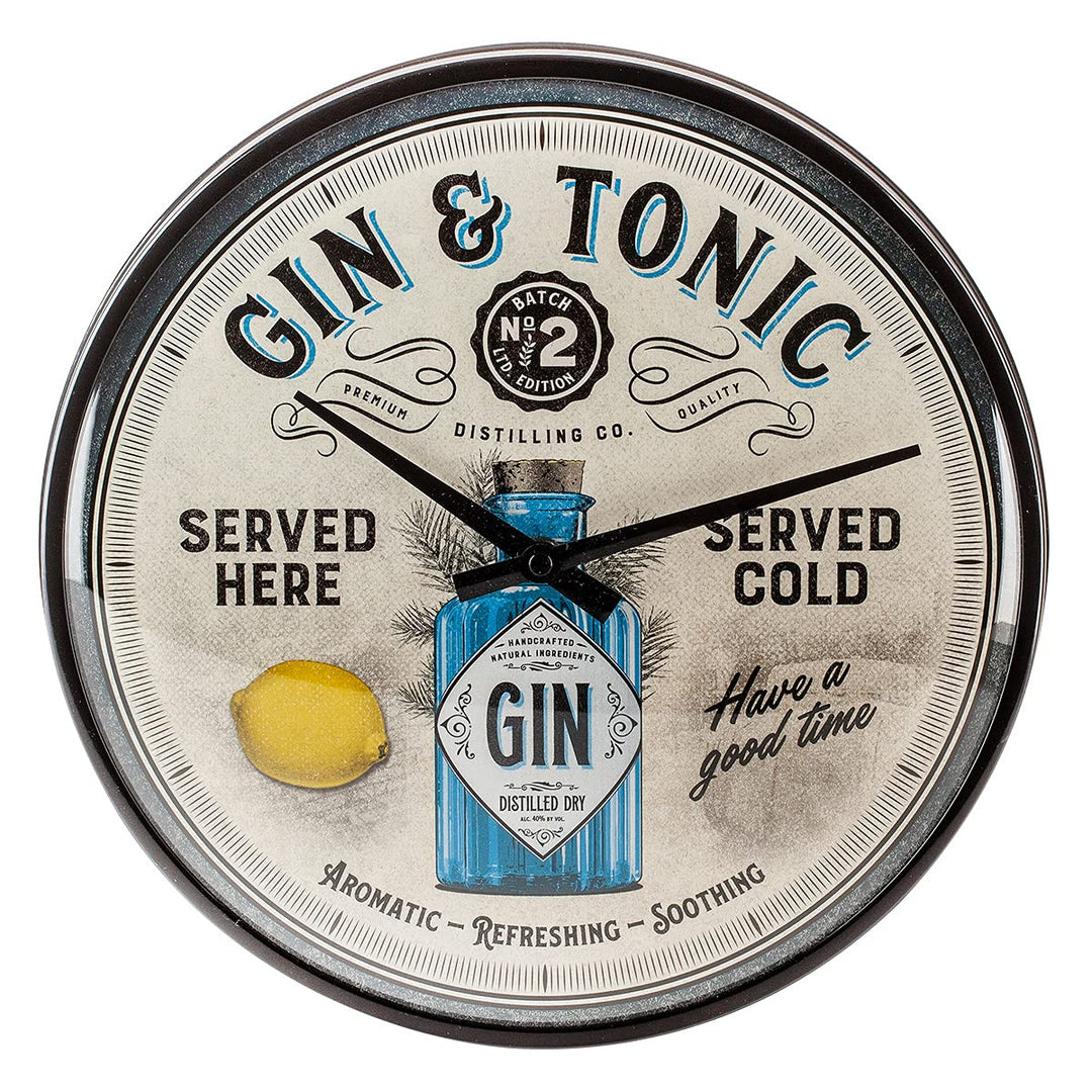 Nostalgic-Art Retro Wanduhr, Ø 31 cm, Gin & Tonic Served Here – Geschenk-Idee als Bar-Zubehör, Gross