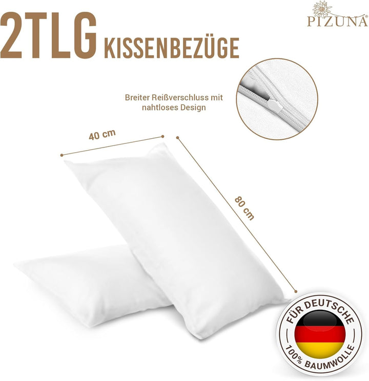 Pizuna Luxuriöser Soft-Satin 2er Pack Kissenbezug 40 x 80 cm Weiss, 800 Fadenzahl Baumwolle Quadrati