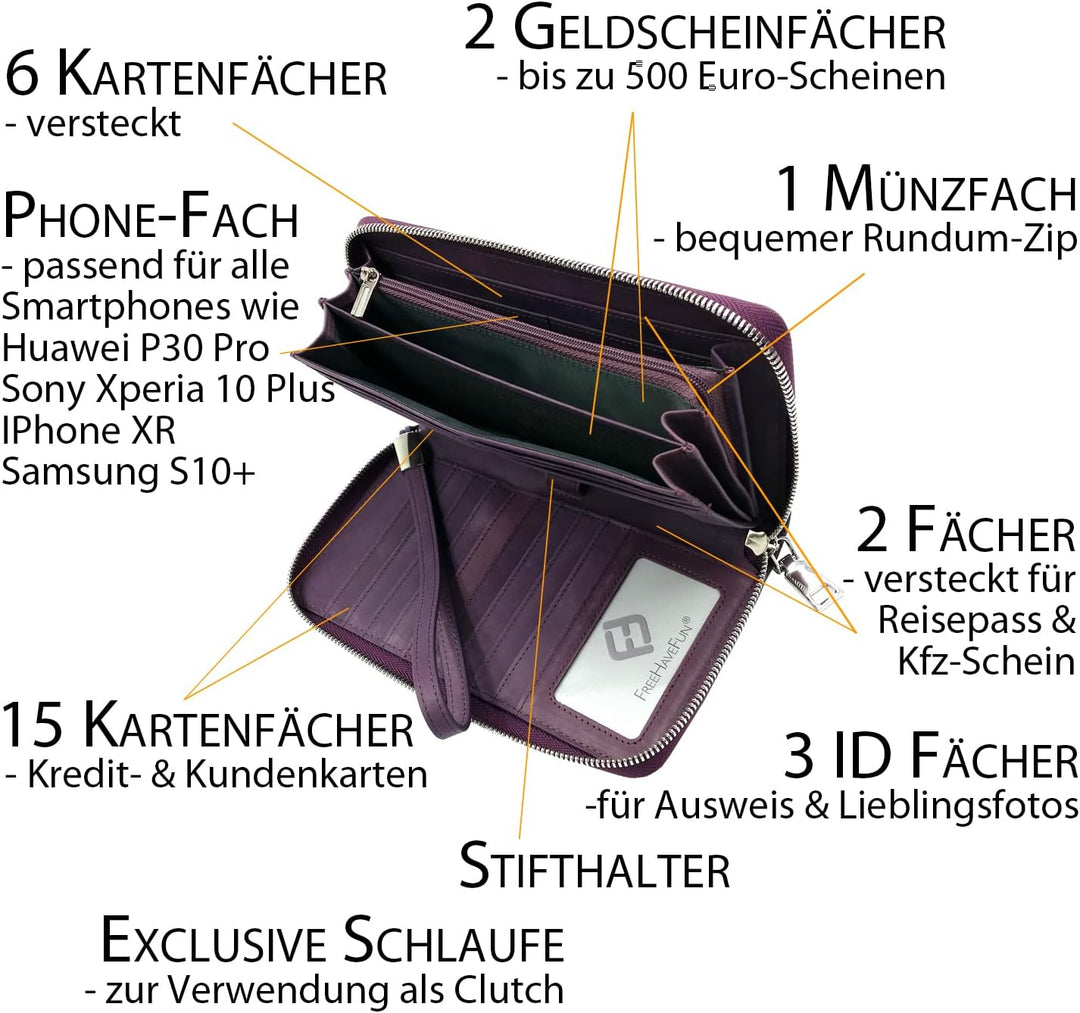 Damen Portemonnaie Leder lila gross lang, RFID Schutz, Münzfach, viele Fächer Handyfach - Clutch Gel