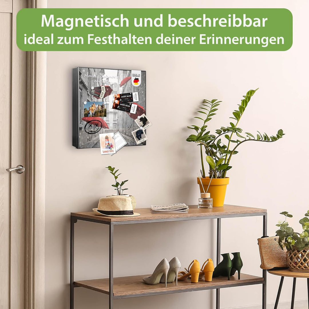 banjado® Grosser Schlüsselkasten Glas/Schlüsselbox 30cm x 30cm mit 50 Haken - Motiv Rote Schirme/Sch