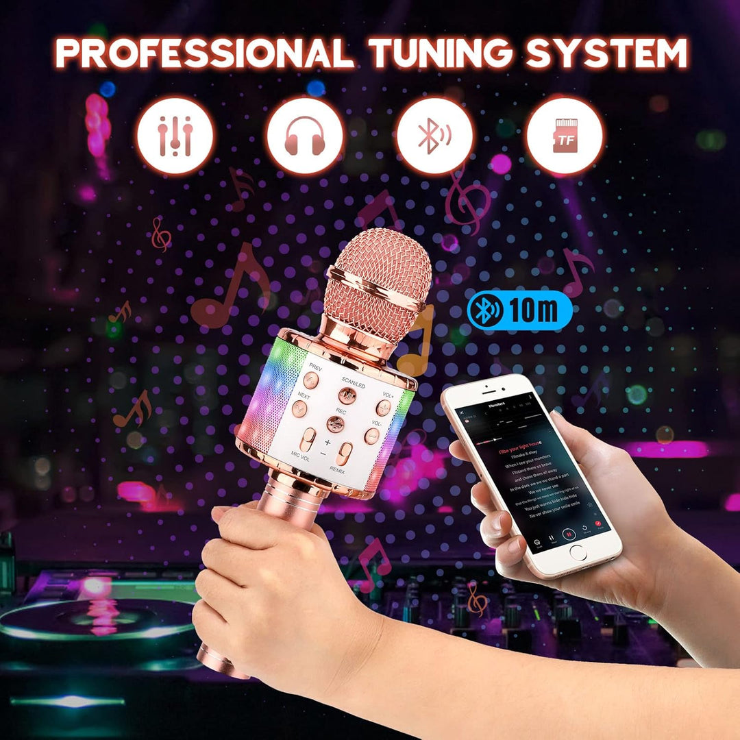 ShinePick Mikrofon Kinder Bluetooth, 4-in-1 Drahtloses Karaoke Mikrofon, Tragbare LED Microphone Spi