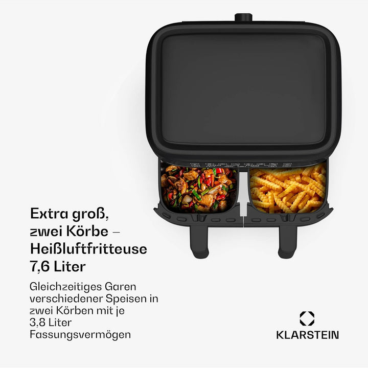 Klarstein Heissluftfritteuse, Airfryer mit 2 Kammern, 2850W Kompakte Heissluftfritteuse, 7,6L Luft-F
