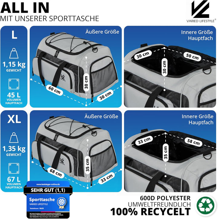 VL® Sporttasche Gross mit Schuhfach, Nassfach & [Isoliertes Kühlfach] Saunatasche & Reisetasche für