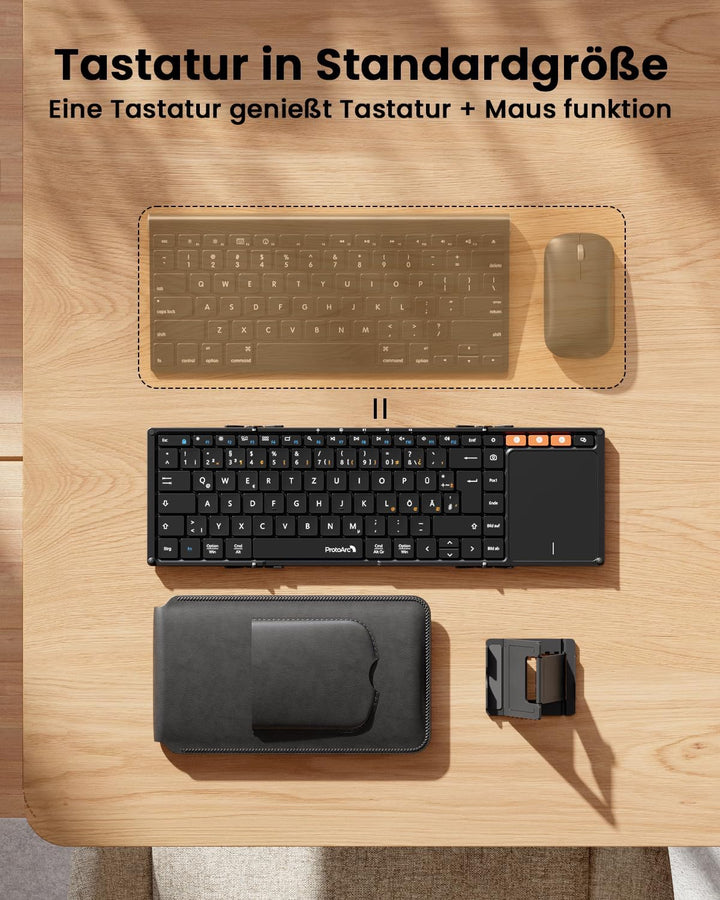 ProtoArc XK01 TP Bluetooth Tastatur Faltbare mit Touchpad, Tastatur Kabellos Klappbare QWERTZ Deutsc