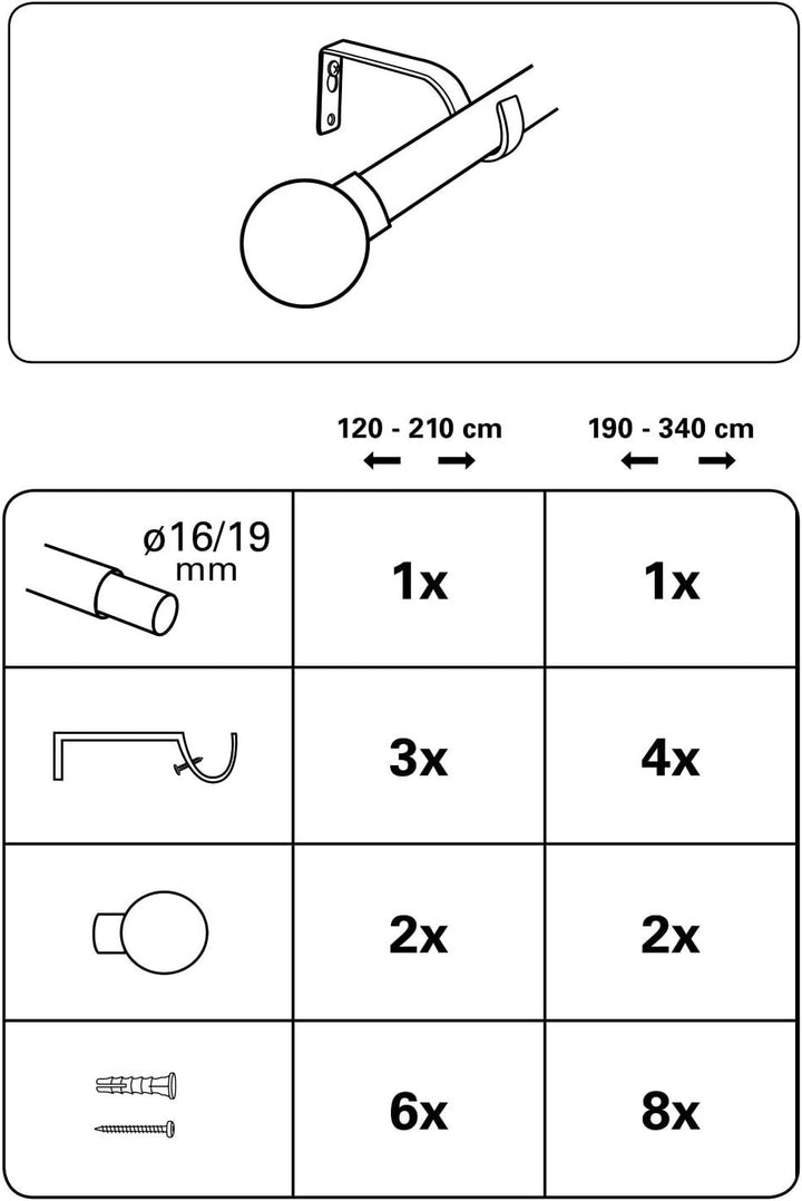 GARDINIA Gardinenstangen-Set Kugel, 1-Lauf, Ø 16/19 mm, 190-340 cm, Metall, Edelstahl-Optik 190-340