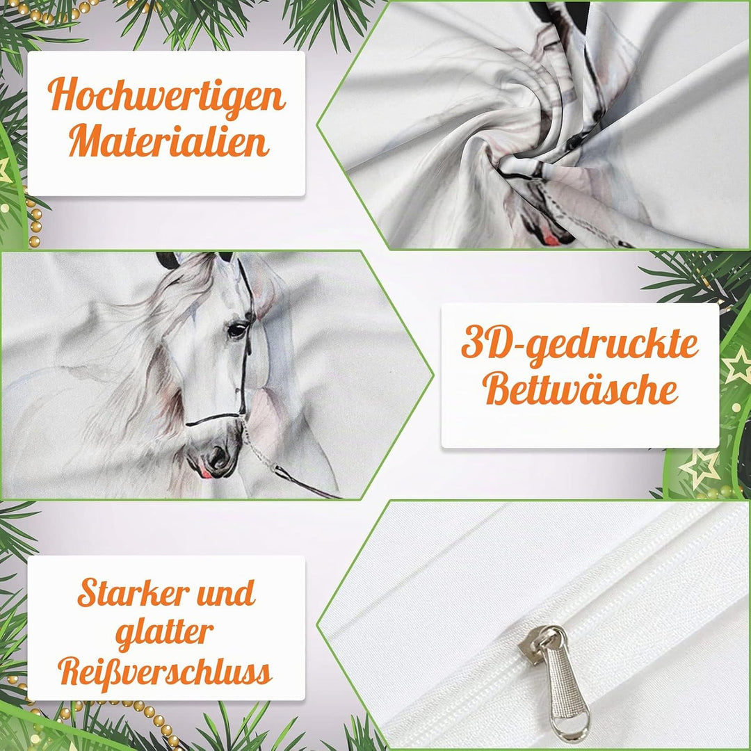 Bettwäsche-Set für Pferde 3D-Druck, Kinder Bettwäsche Set Tier Pferde Motiv Mikrofaser Bettbezug Set