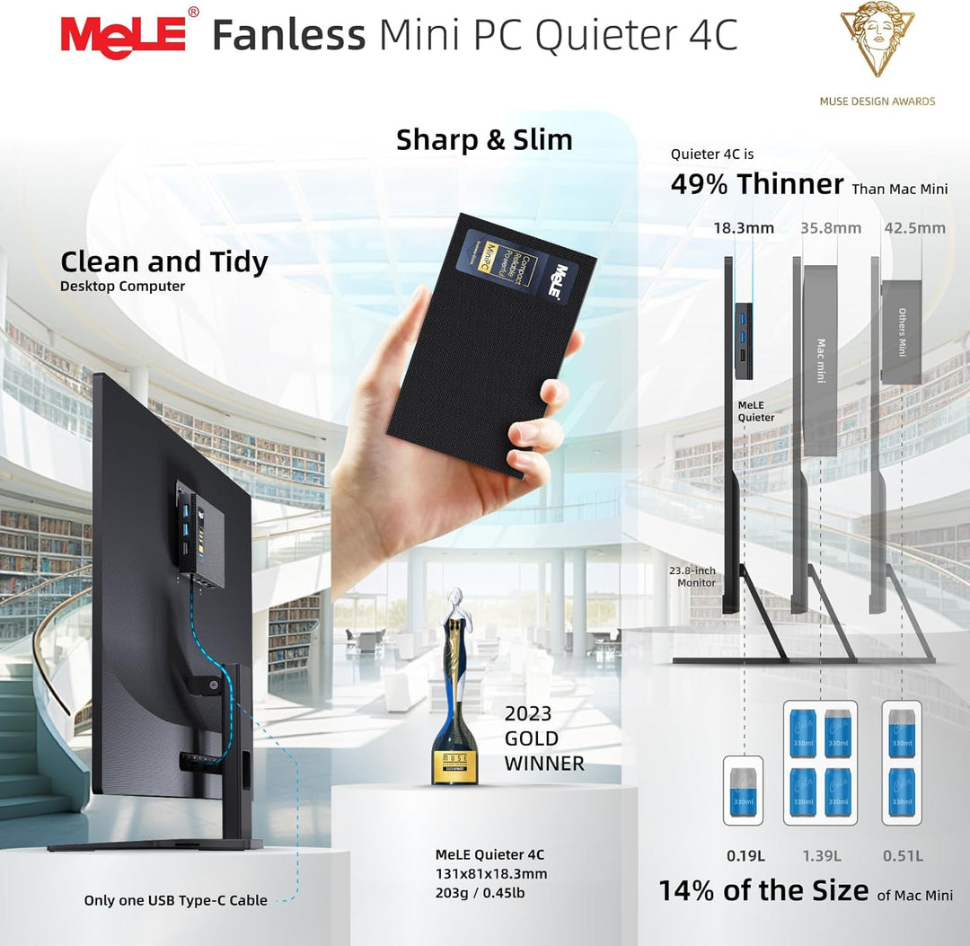 MeLE Mini PC Quieter 4C lüfterloser PC, N100 8GB RAM 128GB ROM, Win11 Pro, Vollfunktionsfähiges USB-