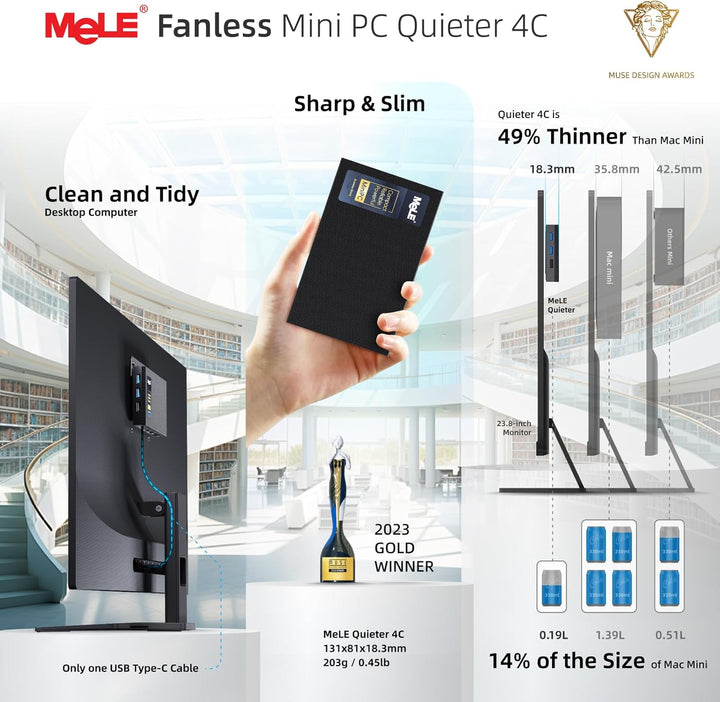 MeLE Mini PC Quieter 4C lüfterloser PC, N100 8GB RAM 128GB ROM, Win11 Pro, Vollfunktionsfähiges USB-