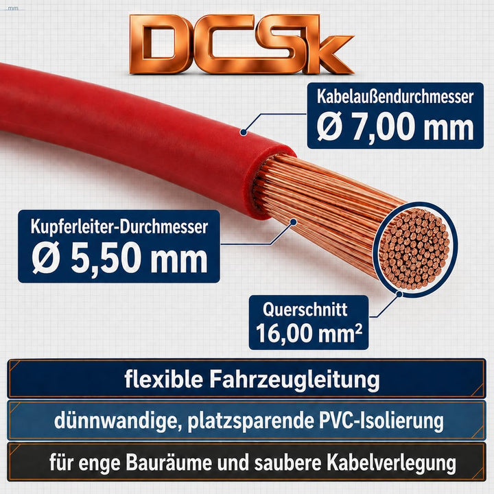 DCSk Fahrzeugleitung - 16mm² - 10m - FLRY B asymmetrisch - 16 mm² - KFZ Kabel Litze - Rot - 16mm2 16