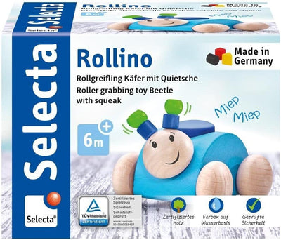 Rollino, 61073 blau, Greifling mit Quietsche aus Holz, 7,5 cm ,