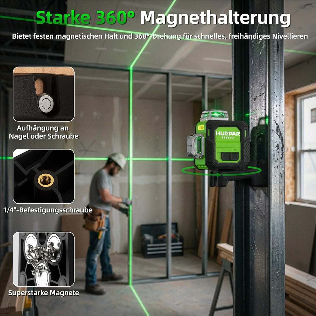 Huepar Kreuzlinienlaser 360 grün, Kompakt wiederaufladbar Laser Wasserwaage selbstnivellierendend 3x