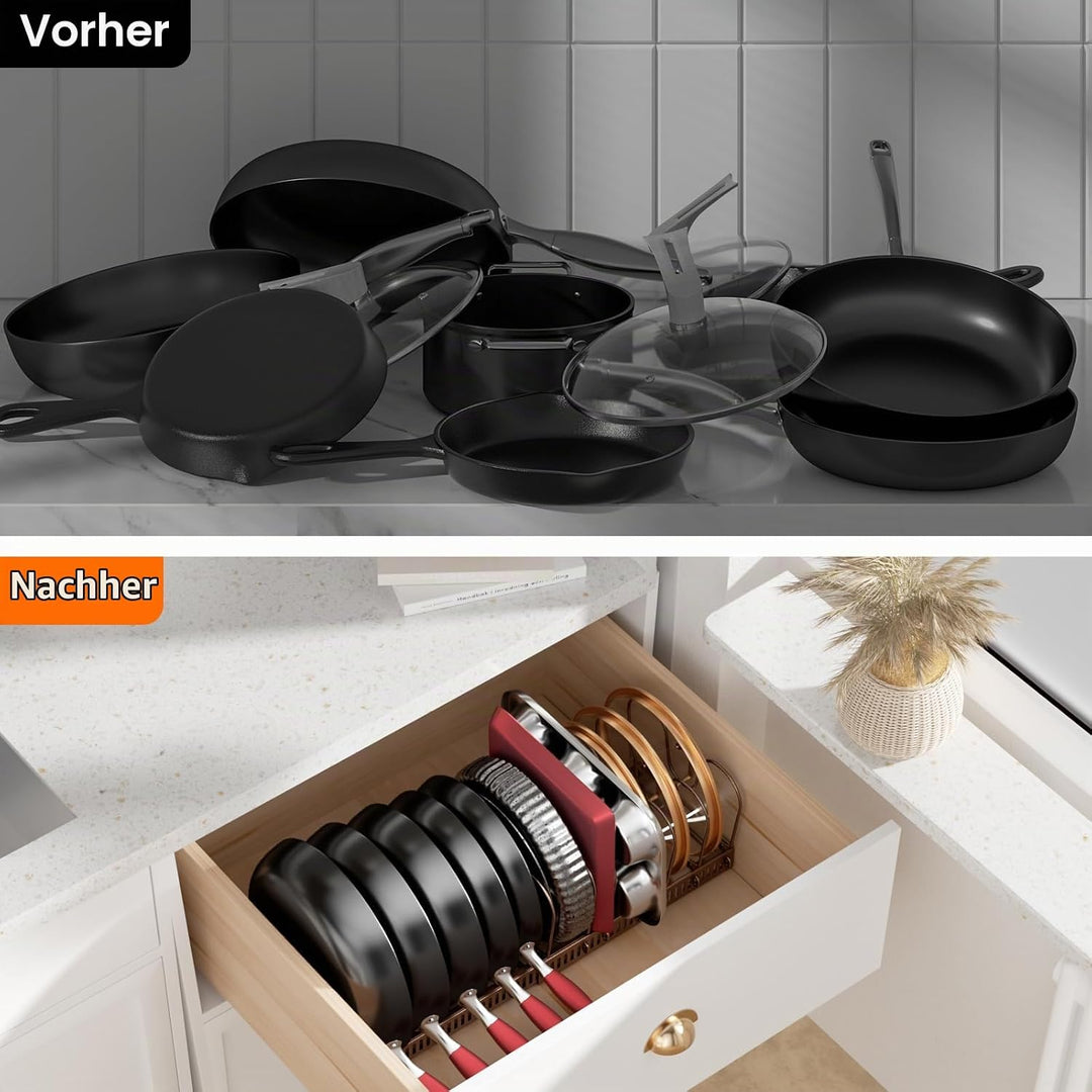 MUDEELA Topfdeckel Organizer für Schrank, Pfannenhalter für Schublade mit 12 Verstellbaren Trennwänd