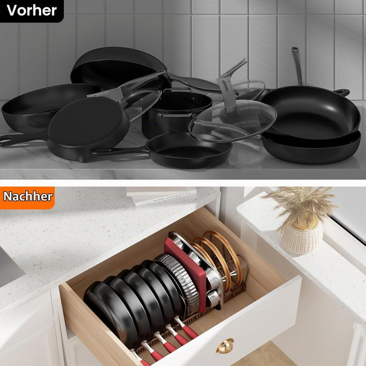 MUDEELA Topfdeckel Organizer für Schrank, Pfannenhalter für Schublade mit 12 Verstellbaren Trennwänd