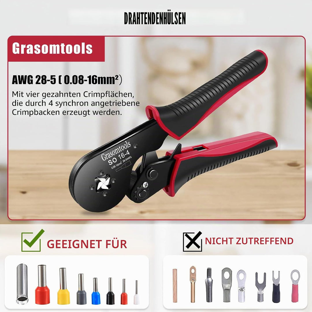 Aderendhülsen-Crimpzange, 0,08-16mm²/AWG 28-5 Crimpwerkzeuge, Draht-Crimpzange, selbsteinrastende Ra