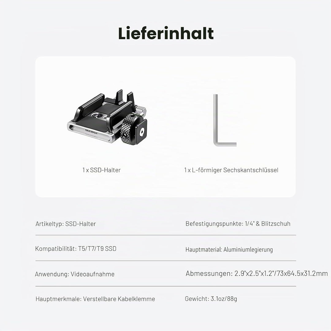 Neewer Universelle SSD-Halterung mit Kaltschuh/Kabelklemme, 4,1 cm - 6,6 cm für T5 T7 T9 SSD, kompat