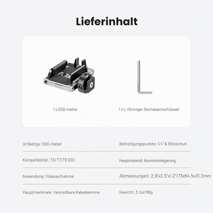 Neewer Universelle SSD-Halterung mit Kaltschuh/Kabelklemme, 4,1 cm - 6,6 cm für T5 T7 T9 SSD, kompat