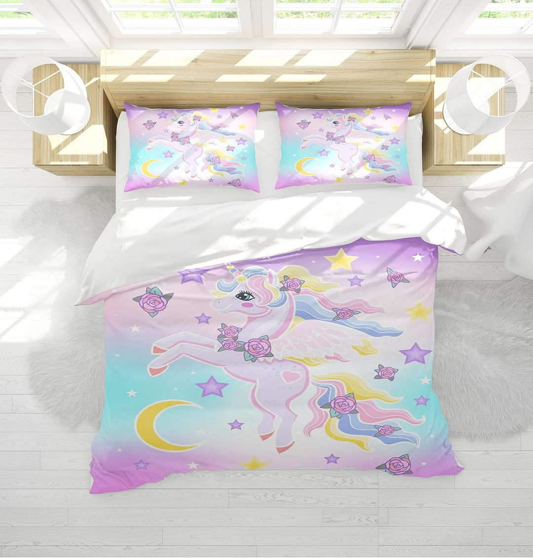 AVJWWD Einhorn Bettwäsche Set Kinder Mikrofaser Bettwäsche Cartoon Einhorn 3D Gedruckt Bettbezug 3 T