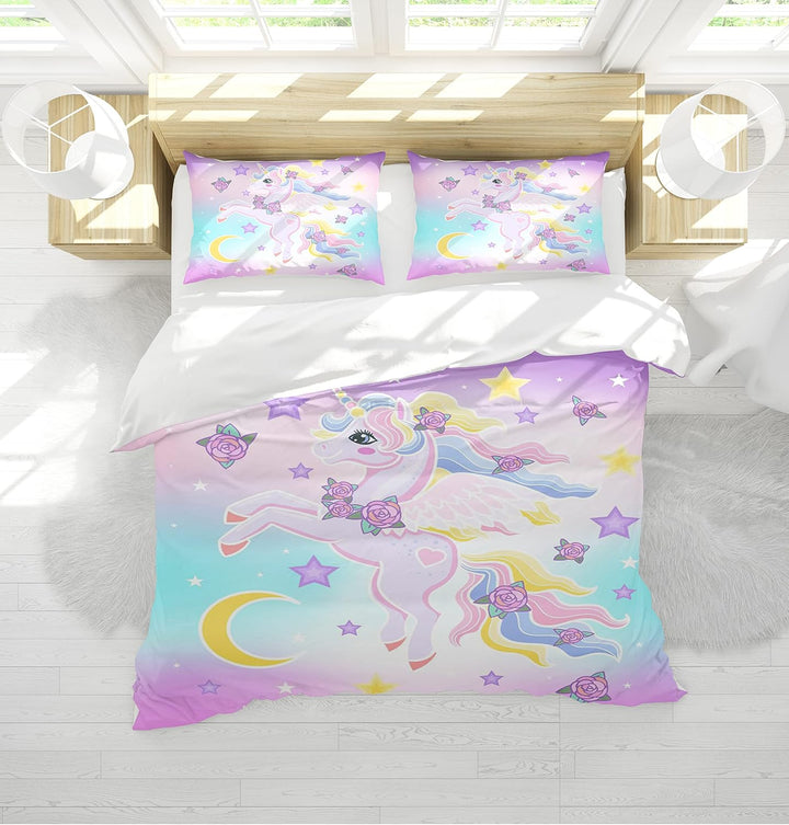 AVJWWD Einhorn Bettwäsche Set Kinder Mikrofaser Bettwäsche Cartoon Einhorn 3D Gedruckt Bettbezug 3 T