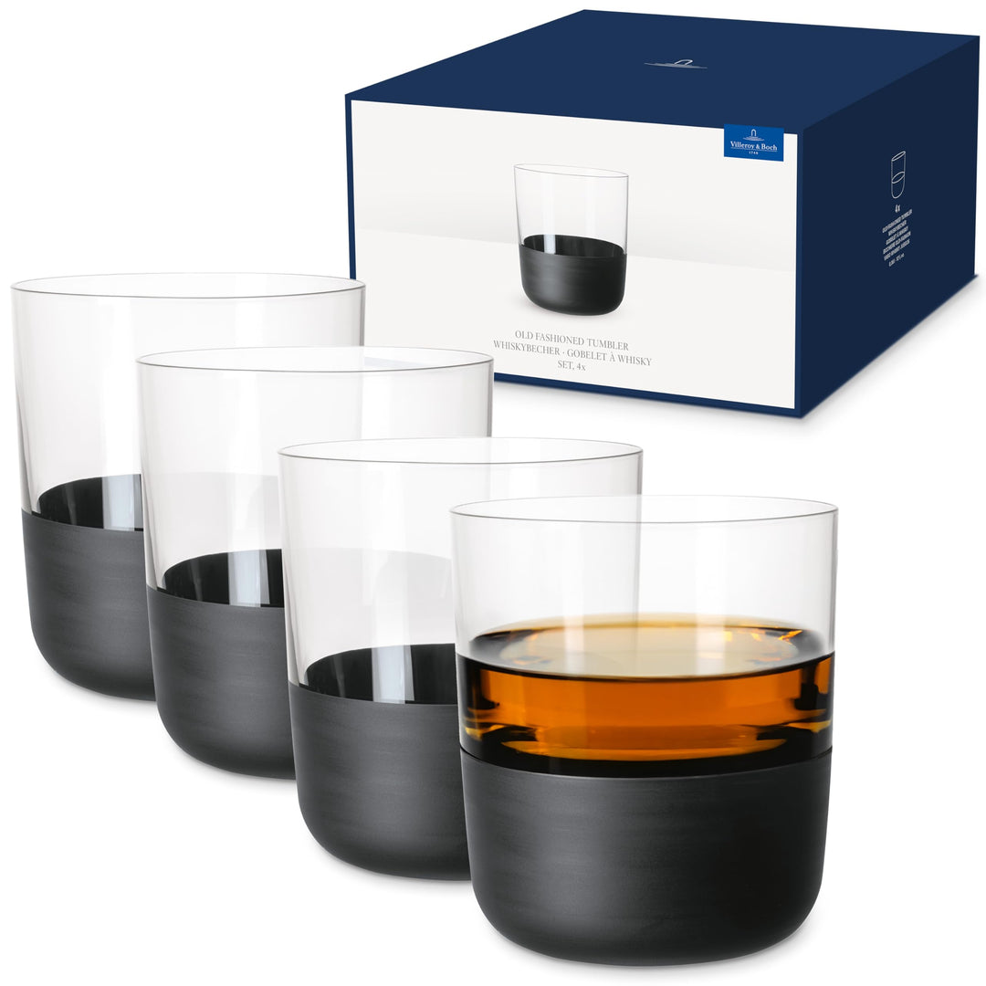 Villeroy & Boch – Manufacture Rock Whiskybecher Set, 4 teilig, Kristallglas mit mattschwarzem Boden,