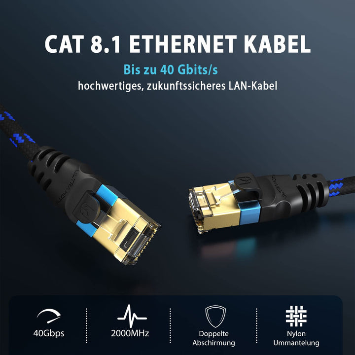 Ultra HDTV CAT 8.1 Netzwerkkabel – 1 Meter, 40 Gbps LAN Kabel, Patchkabel Gigabit RJ45 Ethernet, Kni